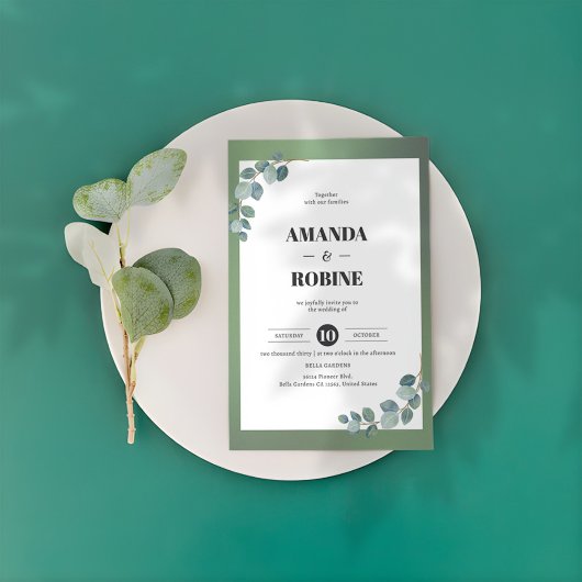 Invitation Aquarelle vert Eucalyptus Mariage