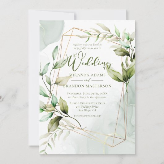 Invitation Aquarelle Vert Eucalyptus Mariage de feuillage (Devant)