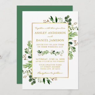 Invitation Aquarelle Vert Eucalyptus Mariage Or
