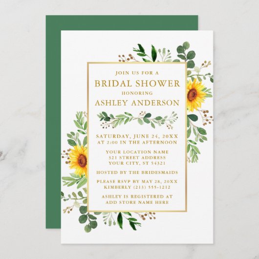 Invitation Aquarelle Vert Fête des mariées de tournesols Or (Devant / Derrière)