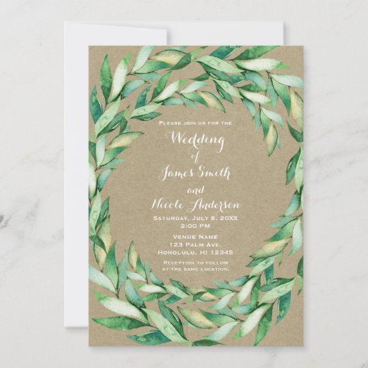 Invitation Aquarelle Vert Feuille Rustique Mariage Kraft (Devant)