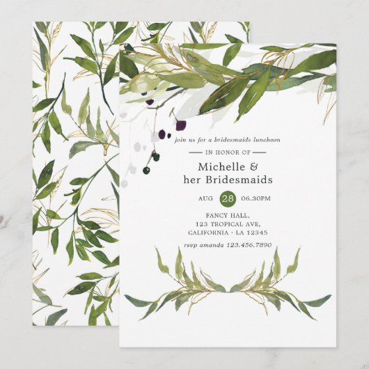 Invitation Aquarelle Vert feuillu Bridesmaids Déjeuner (Devant / Derrière)