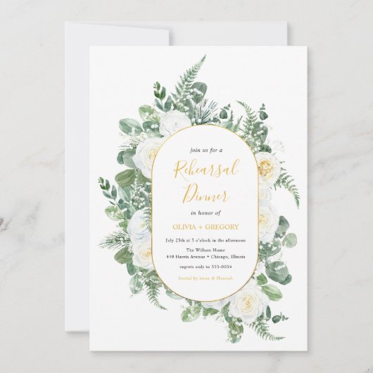 Invitation Aquarelle Vert Fleurs blanches Répétition Mariage (Devant)