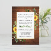 Invitation Aquarelle Vert Fleurs de soleil Bois Mariage photo (Debout devant)