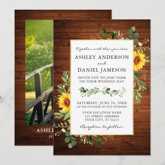 Invitation Aquarelle Vert Fleurs de soleil Bois Mariage photo (Devant / Derrière)