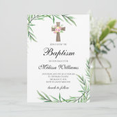 Invitation Aquarelle Vert Fleurs Fille Baptême (Debout devant)