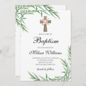 Invitation Aquarelle Vert Fleurs Fille Baptême (Devant / Derrière)