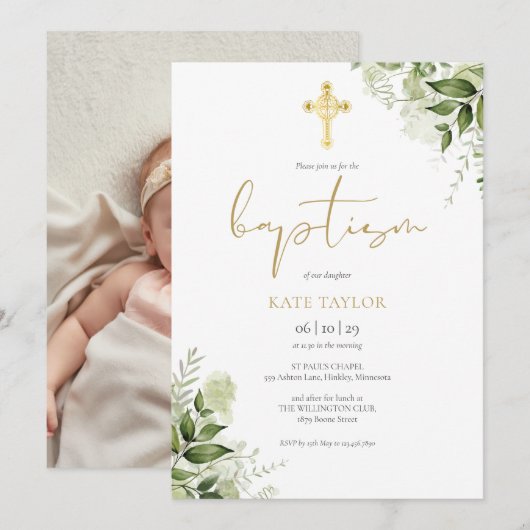 Invitation Aquarelle Vert Floral Or Baptême Photo (Devant / Derrière)