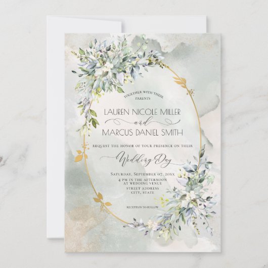 Invitation Aquarelle Vert Floral Or Oval Frame (Devant)