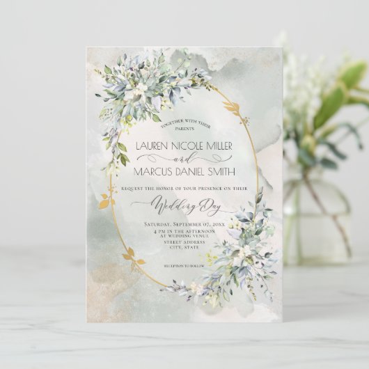 Invitation Aquarelle Vert Floral Or Oval Frame (Debout devant)