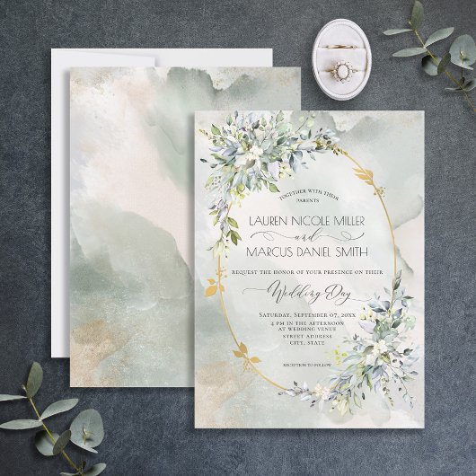 Invitation Aquarelle Vert Floral Or Oval Frame