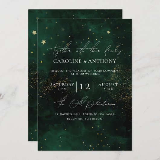 Invitation Aquarelle vert foncé Magique Mariage or (Devant / Derrière)