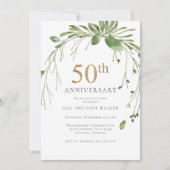 Invitation Aquarelle Vert Foncé Or 50e Anniversaire (Devant)