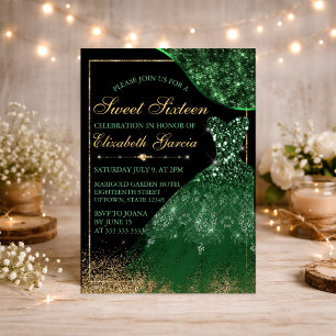 Invitation Aquarelle vert foncé Robe & bordure vague Sweet 16