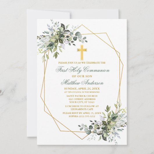 Invitation Aquarelle Vert Geo Cadre Sage Vert Communion (Devant)