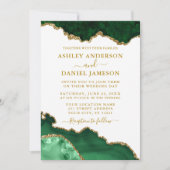 Invitation Aquarelle Vert Marbre Blanc Or Marbre Photo Mariag (Devant)