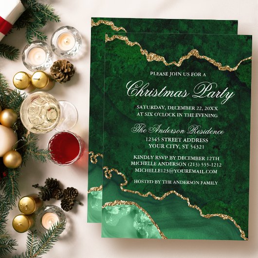Invitation Aquarelle Vert Marbre Or Géographie Fête de Noël