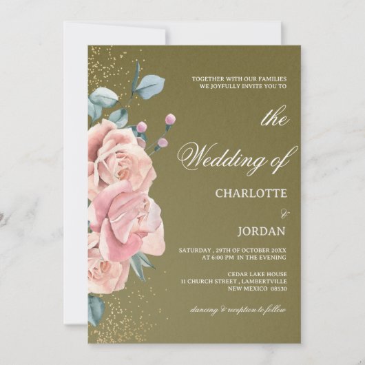 Invitation Aquarelle Vert Olive Et Mariage Rose (Devant)