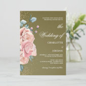 Invitation Aquarelle Vert Olive Et Mariage Rose (Debout devant)