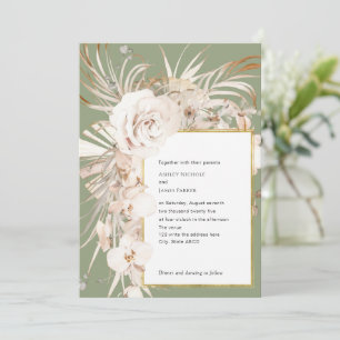Invitation Aquarelle vert olive mariage floral botanique