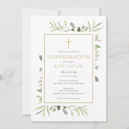 Invitation Aquarelle Vert Or Confirmation (Devant)