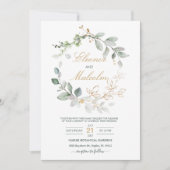 Invitation Aquarelle vert & or feuille Mariage (Devant)