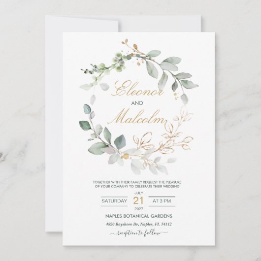 Invitation Aquarelle vert & or feuille Mariage (Devant)