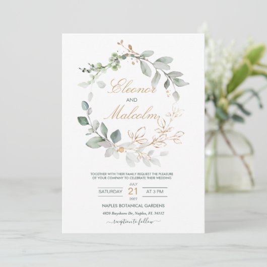 Invitation Aquarelle vert & or feuille Mariage (Debout devant)