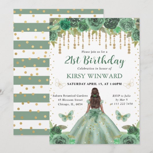 Invitation Aquarelle Vert & Or Princesse Anniversaire (Devant / Derrière)
