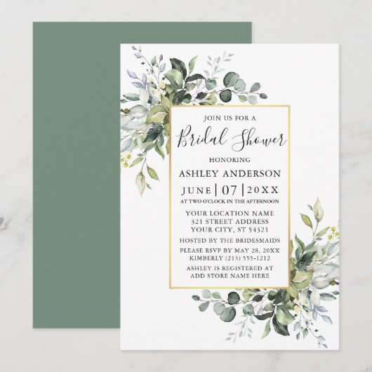 Invitation Aquarelle Vert Or Sage Vert Douche (Devant / Derrière)