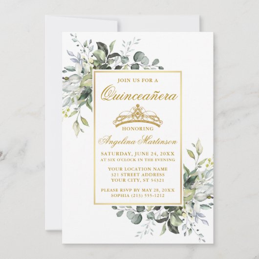 Invitation Aquarelle Vert Or Sage Vert Quinceanera (Devant)