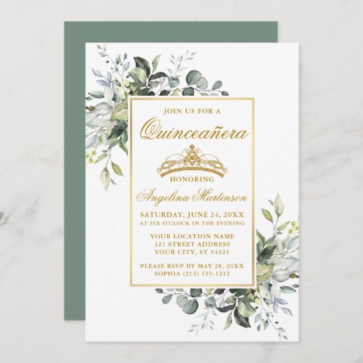 Invitation Aquarelle Vert Or Sage Vert Quinceanera (Devant / Derrière)