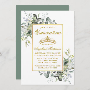 Invitation Aquarelle Vert Or Sage Vert Quinceanera