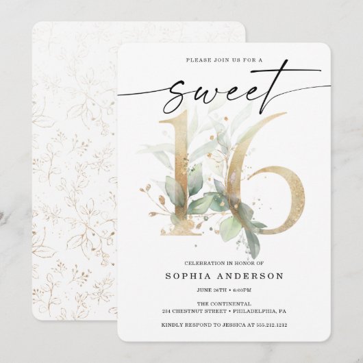Invitation Aquarelle Vert Or Sweet 16 Anniversaire (Devant / Derrière)