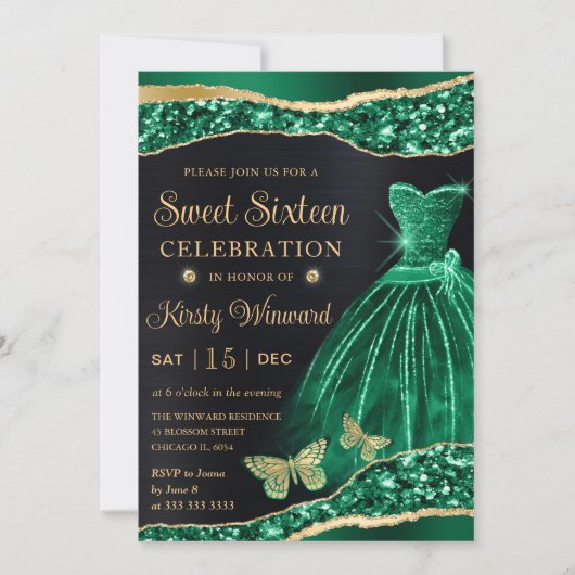 Invitation Aquarelle Vert Parties scintillant or robe Sweet s (Devant)