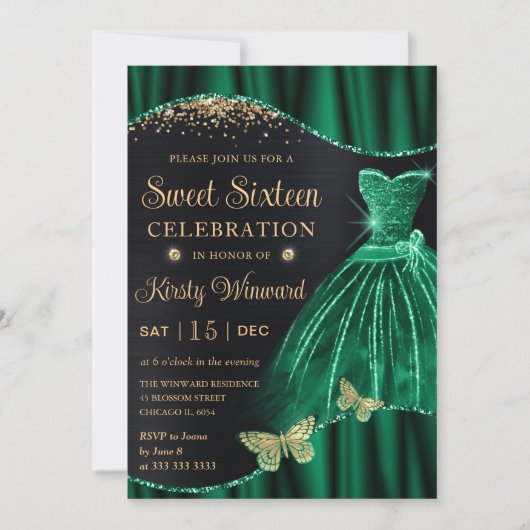 Invitation Aquarelle Vert Parties scintillant or robe Sweet s (Devant)