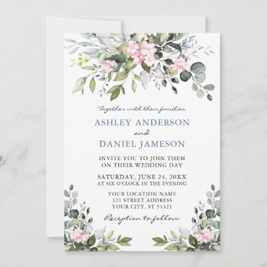 Invitation Aquarelle vert rose Dusty Mariage (Devant)