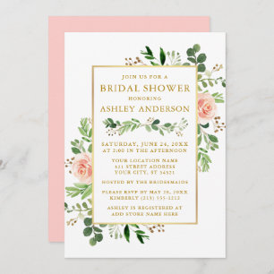 Invitation Aquarelle Vert rose Roses Fête des mariées Or