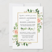 Invitation Aquarelle vert rose Roses or Mariage photo (Devant)