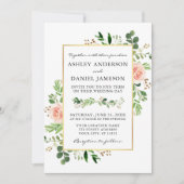 Invitation Aquarelle vert rose roses Photo Retour Mariage (Devant)