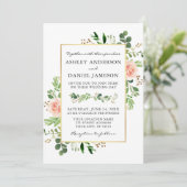 Invitation Aquarelle vert rose roses Photo Retour Mariage (Debout devant)