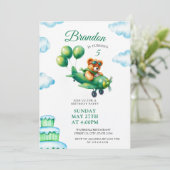 Invitation Aquarelle vert Teddy Bear Avion 5e anniversaire (Debout devant)
