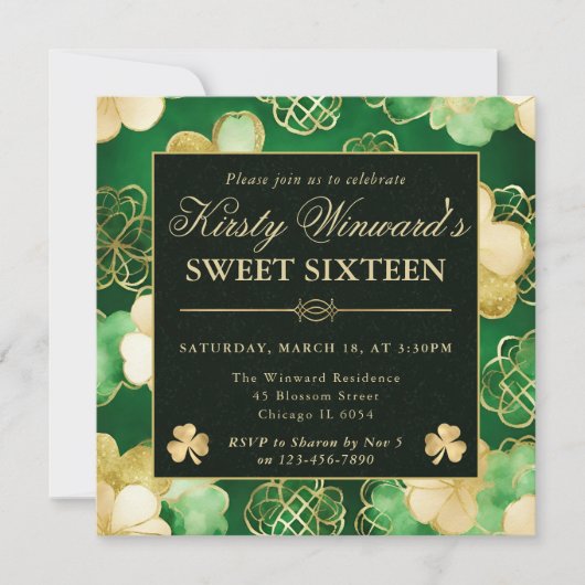 Invitation Aquarelle Vert & Trèfle Doré Sweet 16 (Devant)
