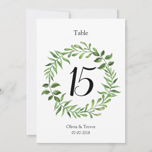 Invitation Aquarelle Vert Vert Wreath Numéro de tableau (Devant)