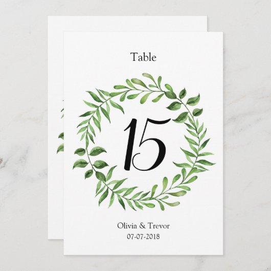 Invitation Aquarelle Vert Vert Wreath Numéro de tableau (Devant / Derrière)
