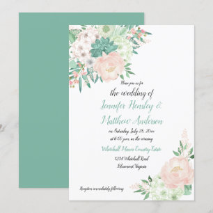 Invitation Aquarelle verte à la menthe et bleu Mariage floral