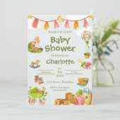 Invitation Aquarelle verte Baby shower d'animaux colorés (Debout devant)