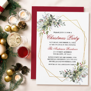Invitation Aquarelle verte Berries Noël Fête Rouge