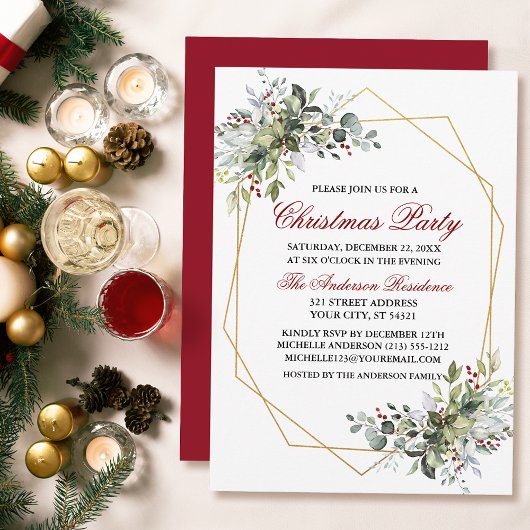 Invitation Aquarelle verte Berries Noël Fête Rouge