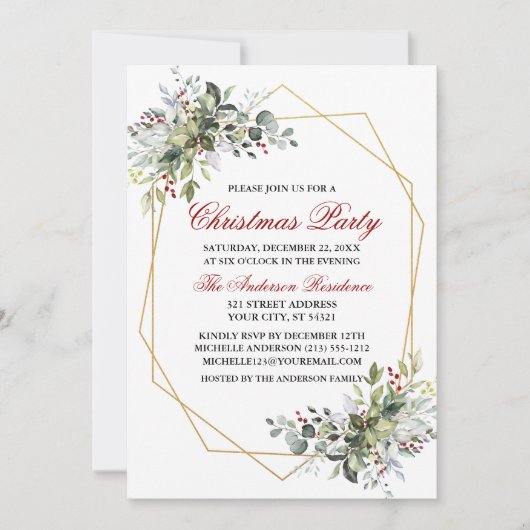 Invitation Aquarelle verte Berries Noël Fête Rouge (Devant)